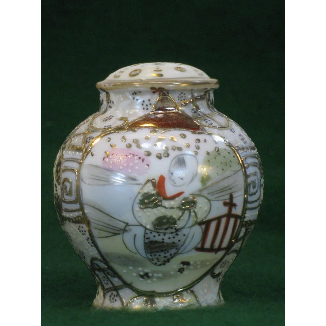 Antique Salt & Pepper Shakers Satsuma Porcelain Gold Beaded Very Ornate For Sale - Image 4 of 12