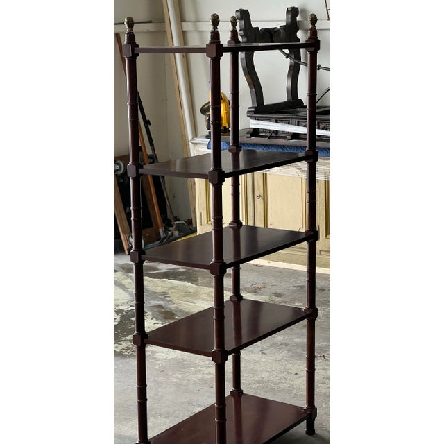 Wood Vintage Faux Bamboo Chinoiserie Mahogany Brass Capped Etagere Shelf Unit For Sale - Image 7 of 8