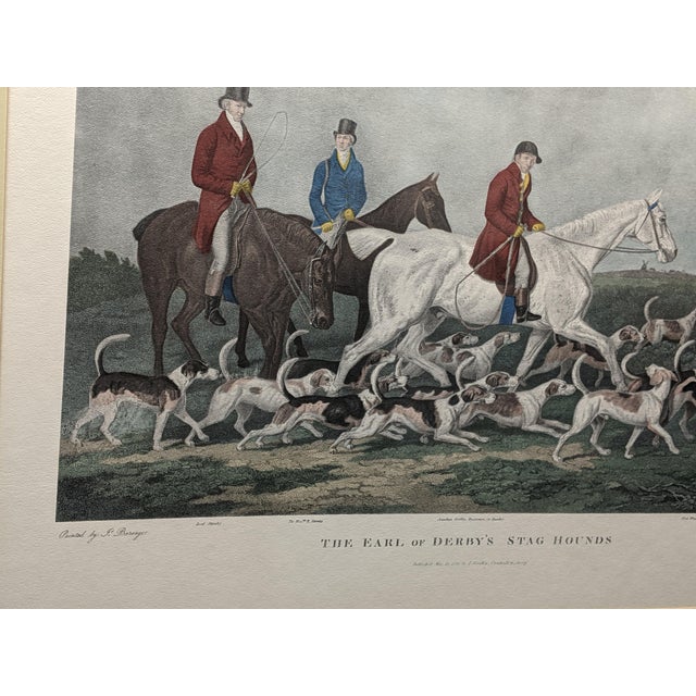 Large Vintage “The Earl of Derby’s Stag Hounds” Equestrian Artwork, Custom Framed Blue, Cream, Red For Sale - Image 15 of 18