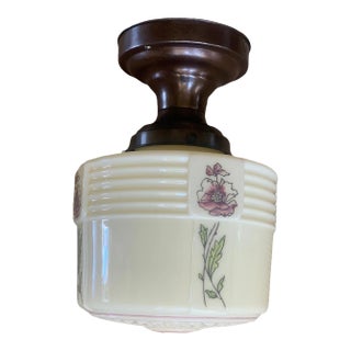 1930s Painted Custard Shade on Bronze Flush Mount For Sale