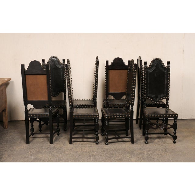 Mid 20th Century Set of 8 Spanish Leather & Carved Wood Chairs With Nailhead Trim For Sale - Image 12 of 12