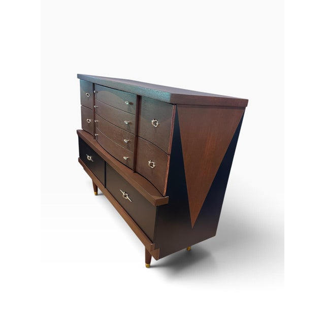 Mid-Century Modern Custom Reimagined Bassett Mid-Century Modern Dresser | Vintage Oak Geometric Credenza | Matte Black Natural Wood Tuxedo Sideboard Buffet For Sale - Image 3 of 11