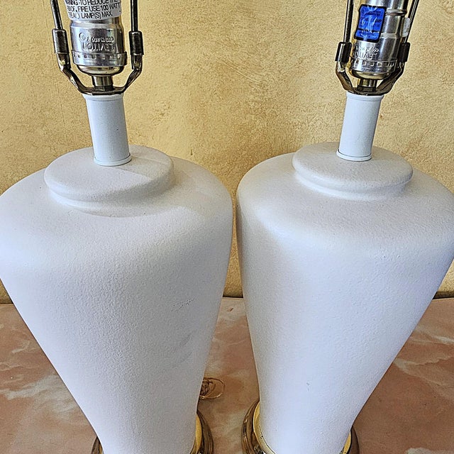 Metal Pair of Vintage White Ceramic Urn Form Table Lamps With Gold Bases and Pleated Shades For Sale - Image 7 of 18