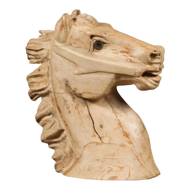 1940s American Carved Wooden Horse Head Fragment with Weathered Patina For Sale