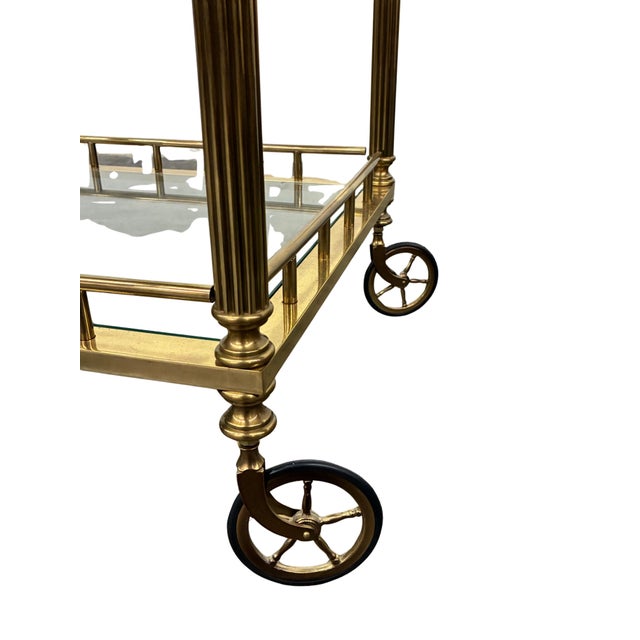 Vintage Regency Style Brass & Glass Three-Tier Bar Cart With Large Casters For Sale In Charlotte - Image 6 of 8