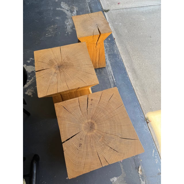 French Vintage Christian Liaigre for Holly Hunt "Nagato" Side Tables/Stools, Set of 3, Signed Raw French Oak For Sale - Image 3 of 14
