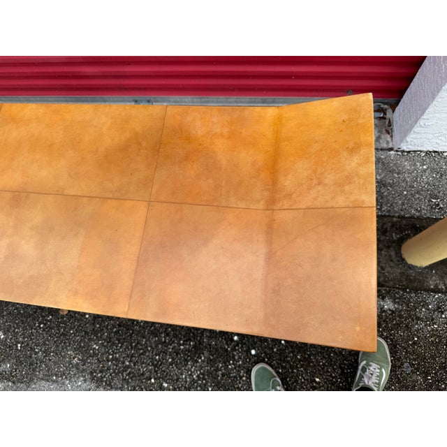 High End Goat Skin Top Pagoda Style Large Designer Console Foyer Sofa Table For Sale - Image 9 of 12