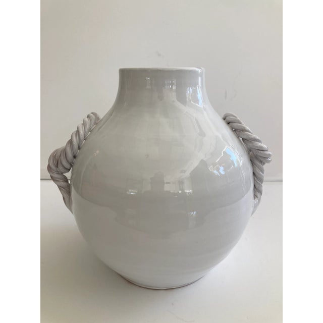White Glazed Ceramic Vase With Braided Handles For Sale - Image 9 of 10