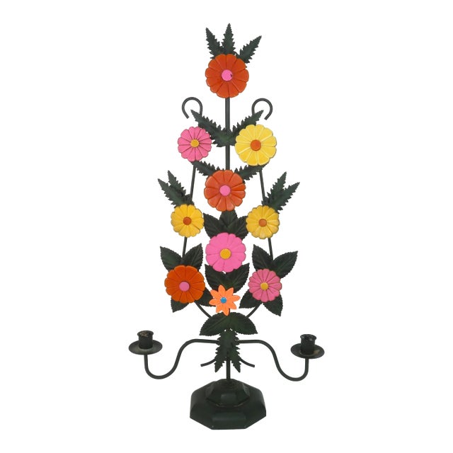 Mod Metal Tole Flower Candle Holder Candelabra, 1960's For Sale