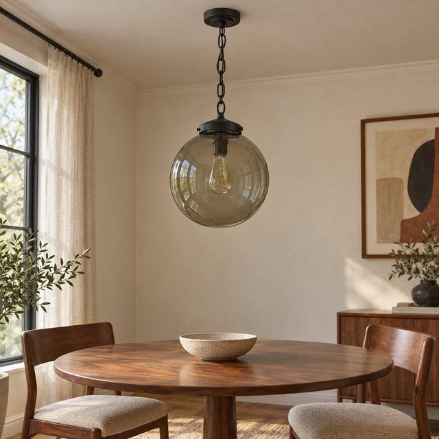 1970s Mid Century Modern Smoked Glass Globe Pendant Light, Black Metal, Ceiling Fixture For Sale - Image 11 of 13