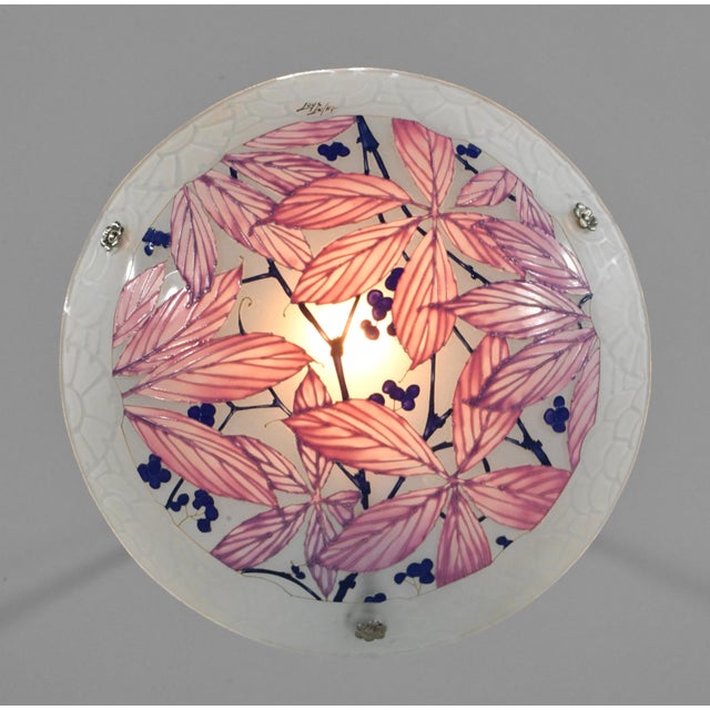 Metal Loys Lucha French Art Deco Pendant Light 1930s - Enameled Pink Foliage Bowl For Sale - Image 7 of 11