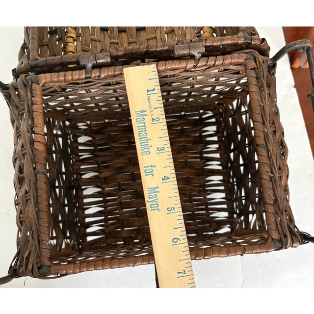 Antique Arts & Crafts Wicker Sewing Basket With Wrought Iron Handles, C. 1900 For Sale - Image 10 of 11