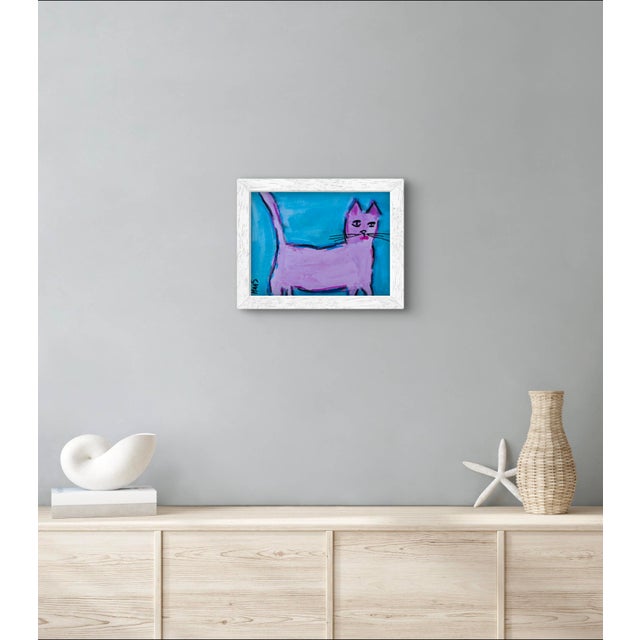 2020s Modern Narratives, Pink Cat, Acrylic Mixed Media Painting For Sale - Image 5 of 9