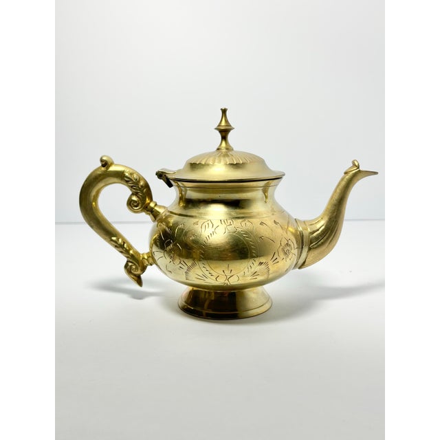 Indian Vintage Indian-Made Arabian Moroccan-Style Solid Brass Coffee or Tea Set - 8 Piece For Sale - Image 3 of 12