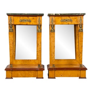 19th Century French Empire Burl Eye Maple Nightstands with Marble Tops and Mirrors - a Pair For Sale