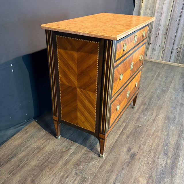 1920s French Neoclassical Louis XVI Marble Top Parquetry Chest of Drawers For Sale - Image 5 of 13