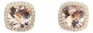 4.50 Ct Cushion-Cut Pink Morganite & Diamond Stud Earrings in 18k Yellow Gold, A Pair