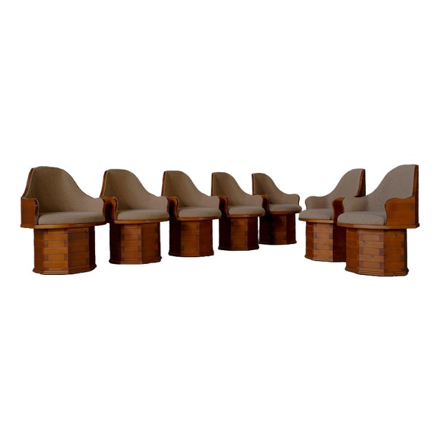 Pine Dining Chairs in Boucle Upholstery, Germany, 1970s, Set of 7 For Sale
