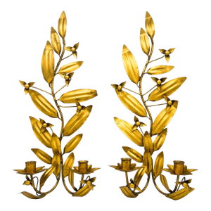 Vintage Italian Gilt Tole Floral Wall Sconces, Pair – Hollywood Regency / Italian Provincial