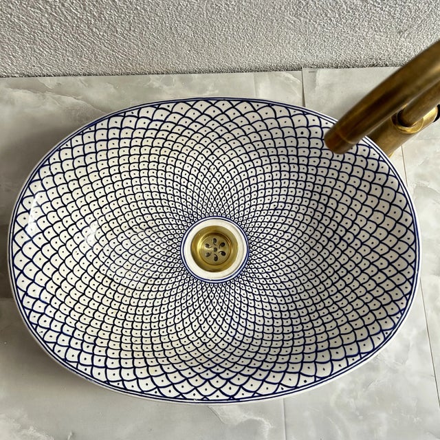 Blue Oval Sink for Bathroom Vessel Sink, Oval Handmade Ceramic with Drain For Sale - Image 4 of 8