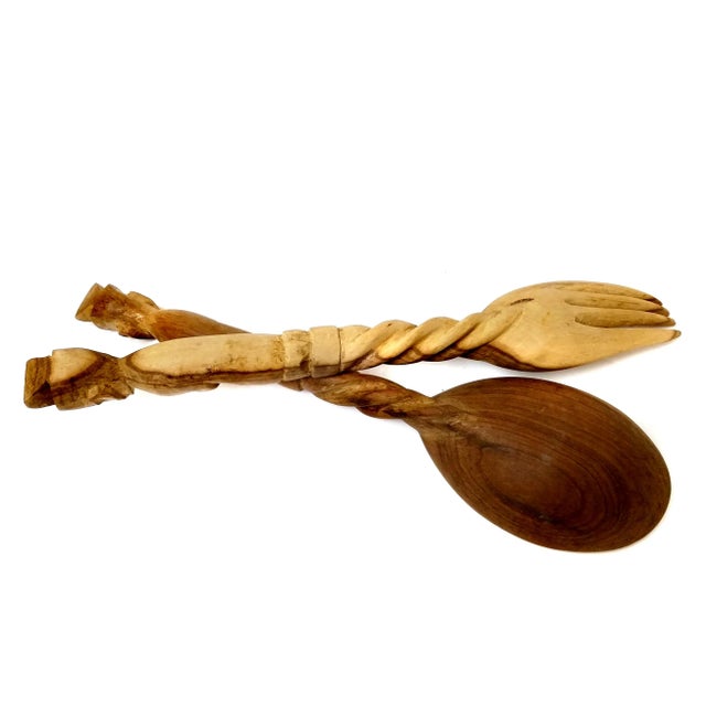 Folk Art Hand Carved Wooden Serving/Decorative Spoon & Fork For Sale - Image 3 of 6