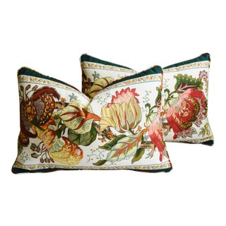 Brunschwig & Fils Portugaise Floral & Velvet Feather/Down Pillows 24" X 16" - Pair For Sale