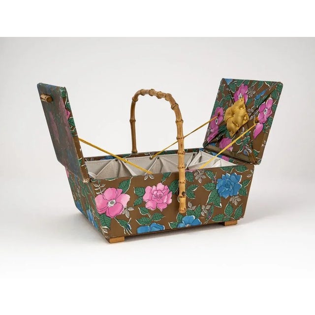 Mid-Century Modern Mid-Century Sewing Basket with Bamboo Handle & Floral Decor, 1970s For Sale - Image 3 of 18