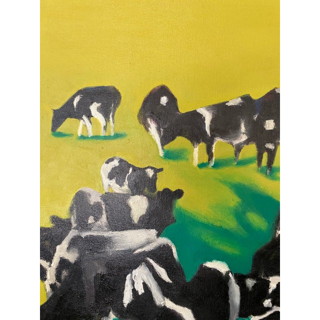 Mid-Century Modern Vintage Oil Painting of Black and White Cows on Green Background by Jeanette Welty Chelf For Sale - Image 3 of 12