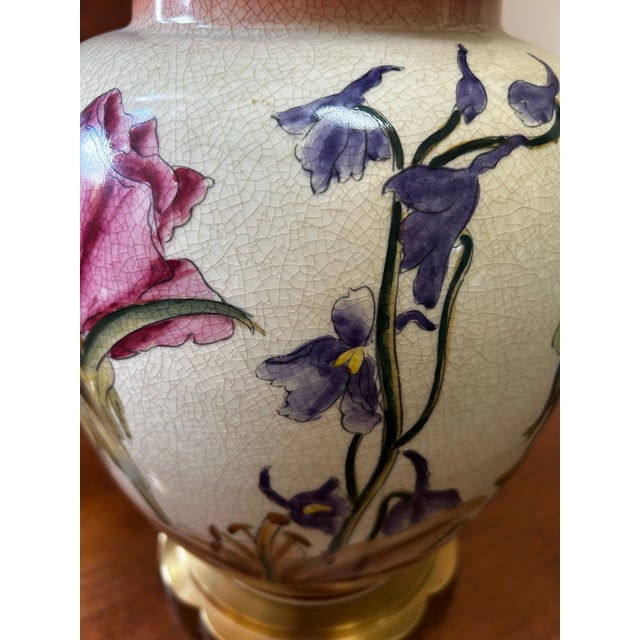 Ceramic 1980s Wildwood Large Floral Crackled Hand Painted Ceramic Table Lamp For Sale - Image 7 of 12