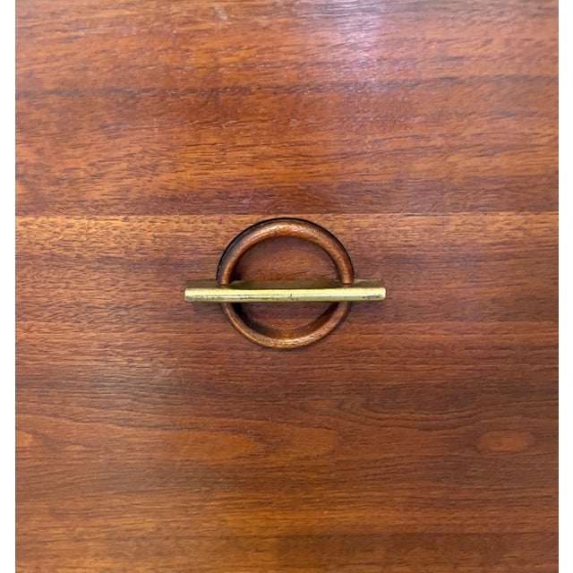 Cool and sleek Mid century Modern cubic side table by Altavista Lane. Made of wood with solid brass accents and black...