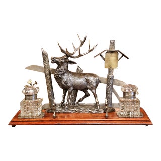 Mid 20th Century French Spelter and Cut Glass Inkwell With Deer Sculpture For Sale