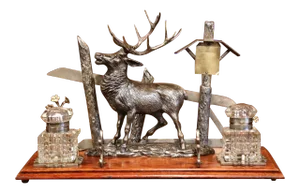 Mid 20th Century French Spelter and Cut Glass Inkwell With Deer Sculpture