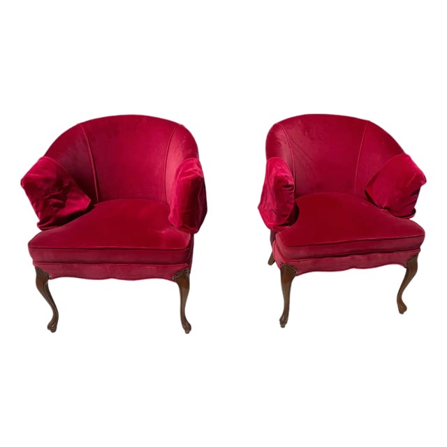 Pair of Red Velvet Vintage Tub Chairs For Sale