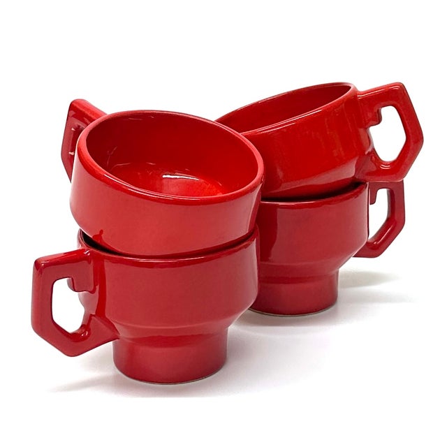 Mid 20th Century Vintage High Gloss Engine Red Ceramic Mugs - Set of 4 For Sale - Image 5 of 7