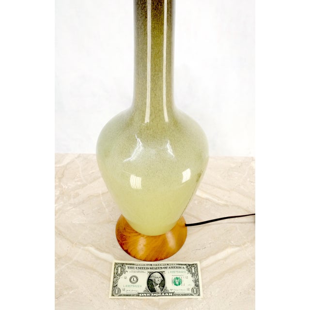 Wood Olive Green Art Pottery Ceramic Vase Shape Table Lamp Turned Walnut Base MINT For Sale - Image 7 of 9