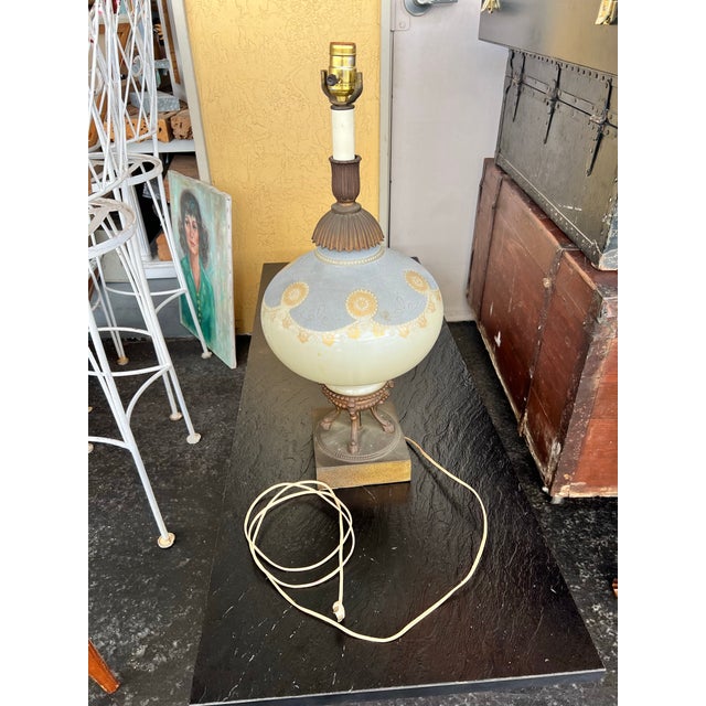 Vintage Hollywood Regency Mid Century Table Lamp - Brass, Blue Milk Glass, Gold Stenciled For Sale - Image 4 of 9