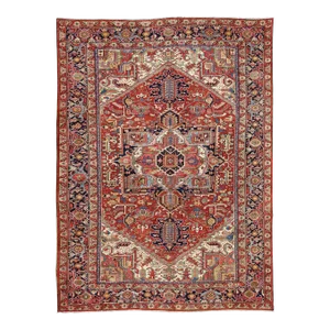Early 20th Century Antique Heriz-Serapi Rug With Geometric Medallion in Rust Red Dark Blue Green