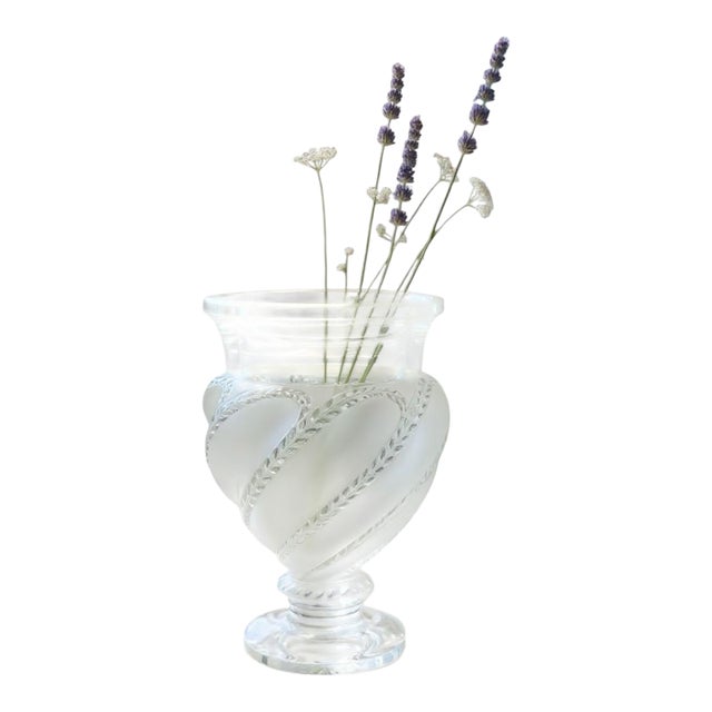 Lalique Ermenonville Frosted Crystal Vase-1950s-France-Leaf Vine-Glass-Bulbous For Sale