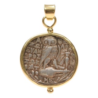 A New Style Tetradrachm Silver Coin Pendant Trimmed in 18k Gold For Sale