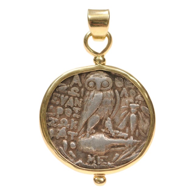 A New Style Tetradrachm Silver Coin Pendant Trimmed in 18k Gold For Sale