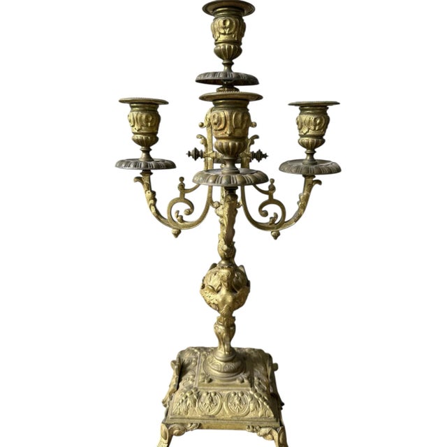 1940s Brass Candelabra Pair With Five Arm Design in Rococo Style For Sale - Image 9 of 12