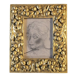 1970’s Vintage Original Charcoal Female Portrait Drawing (Matisse Style) Ornate Vintage Frame For Sale
