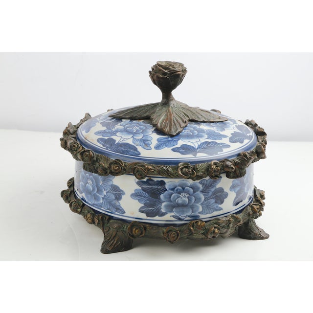 Asian Vintage Maitland-Smith Blue and White Porcelain Box With Brass Hand Painted Floral Details For Sale - Image 3 of 13