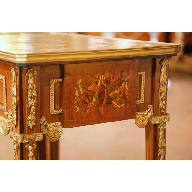 Near Pair of Mid-Century French Louis XVI Ormolu Marquetry Side Tables For Sale - Image 13 of 17