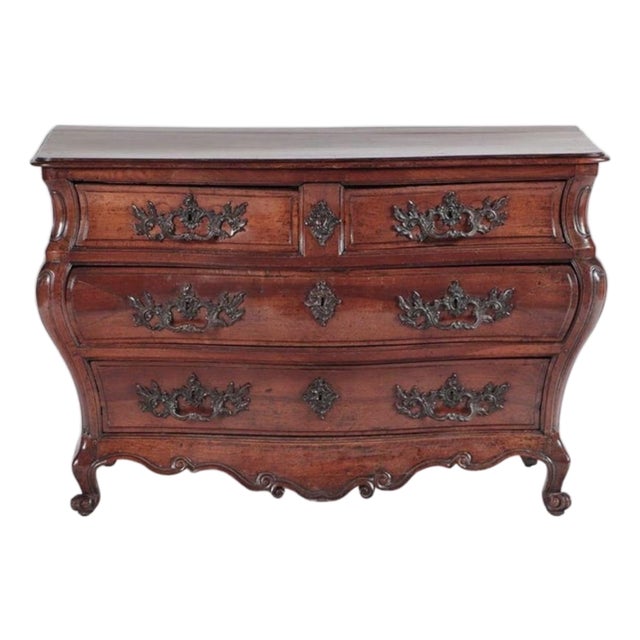 18th Century French Provincial Walnut Bombay Commode, Hand-Carved For Sale