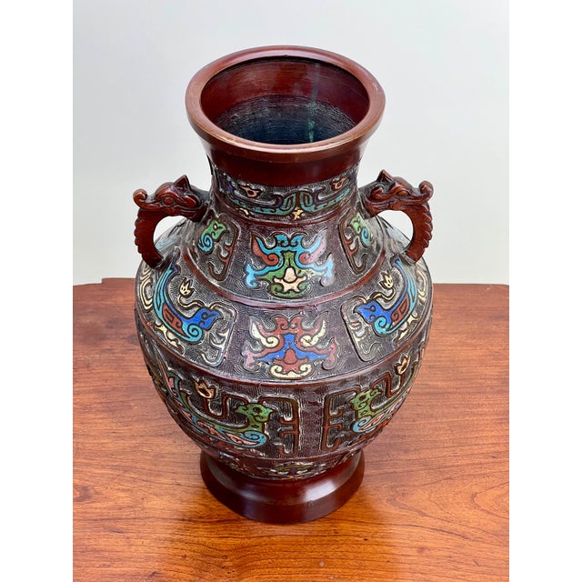 Japanese Antique Early 20th Century Japanese Bronze Champlevé Urn For Sale - Image 3 of 7