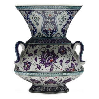 Handmade Ceramic Tri Handled King Vase (30cm) Purple and Turquoise Hatai Pattern For Sale