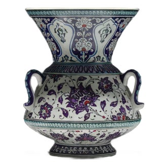 Handmade Ceramic Tri Handled King Vase (30cm) Purple and Turquoise Hatai Pattern For Sale