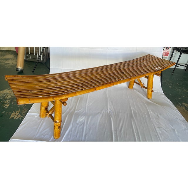 Just in. This Oversized 73" Mid-Century Curved Bamboo Sling Bench – Japanese Zen Style. Make a striking, organic statement...