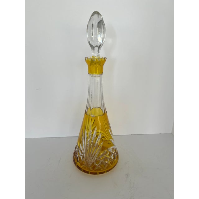 Boho Chic Vintage Late 19th Century Tall Bohemian Amber Cut to Clear Decanter With Stopper For Sale - Image 3 of 11